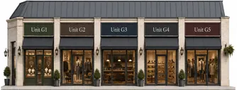 Street elevation of Block G as enhanced: five narrower shopfronts, units G1 to G5.