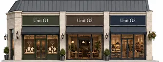 Street elevation of Block G today: three shopfronts, units G1 to G3.