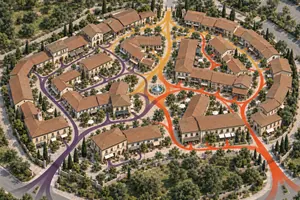 Aerial digital twin of Tornabuoni Court, an outlet village, with customer paths drawn from the entrance to the first unit visited.